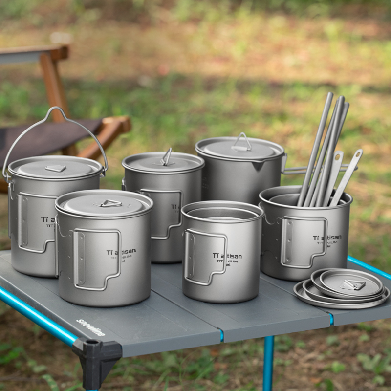 Camping Cooking Pot Set - Tiartisan Outdoor Titan Leichter tragbarer Tee-Kaffeetasse